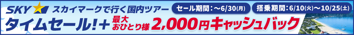 スカイマーク　タイムセール＆おひとり2,000円キャッシュバック！